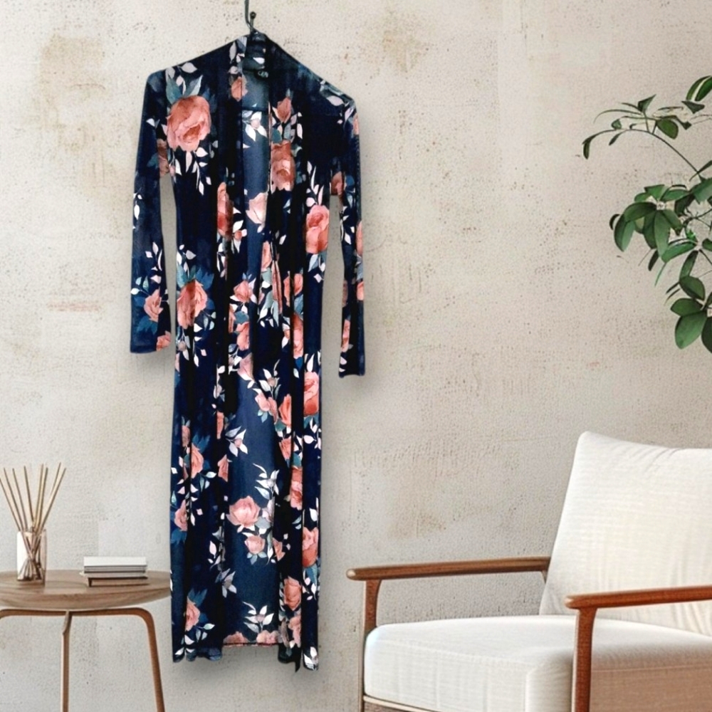 Objex Rose Floral Chiffon Sheer Mesh Duster, Tall Silhouette